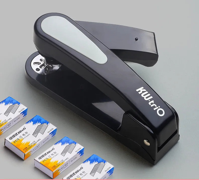360-degree rotatable student stapler in multiple colours on a desk with paper