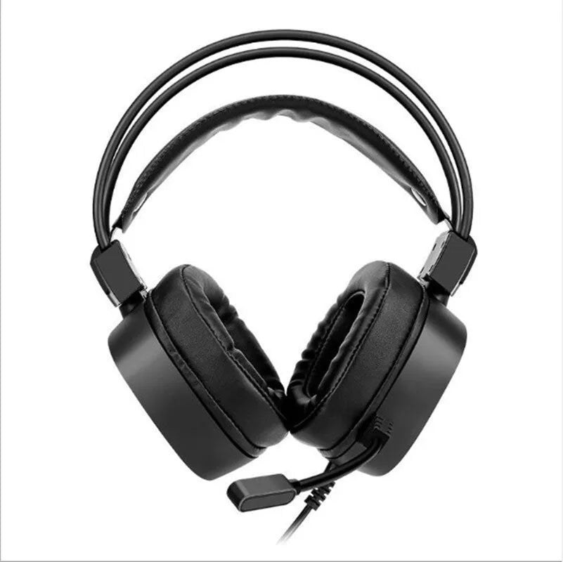 Black gaming headset with microphone and sponge ear cushions on a white background