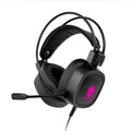 Black gaming headset with microphone and sponge ear cushions on a white background