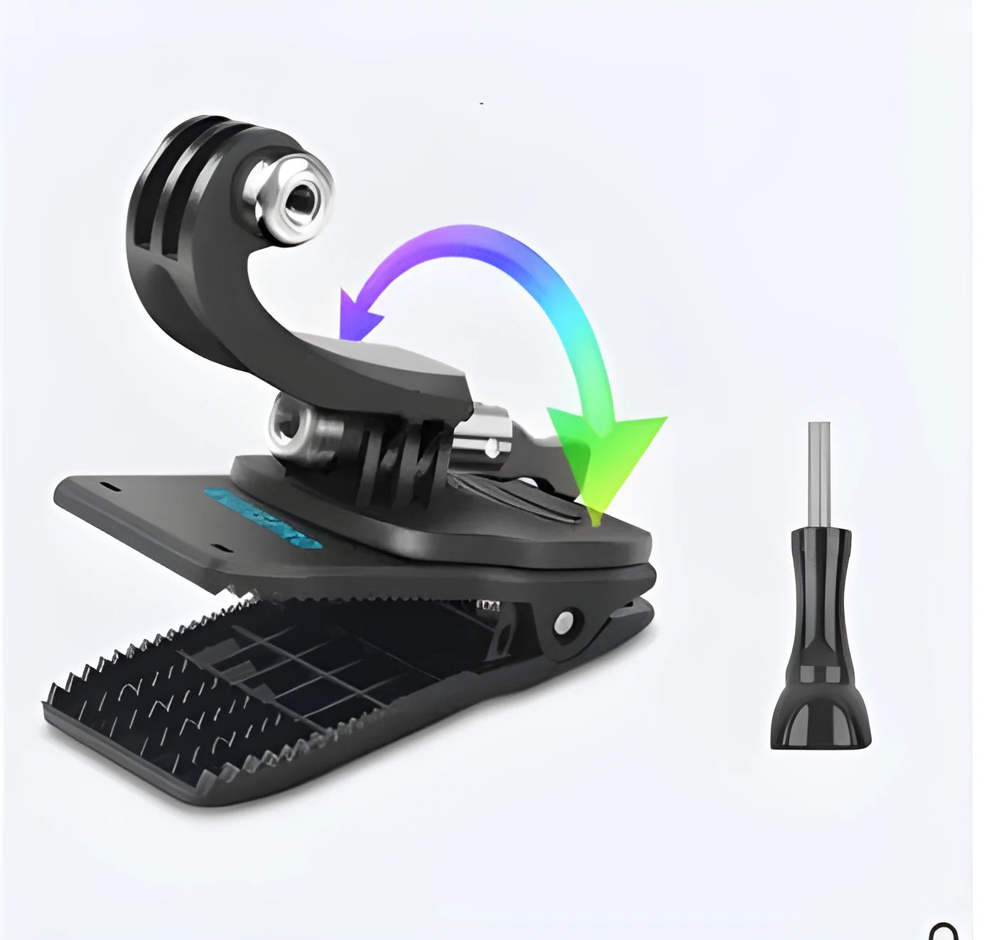GoPro backpack clip with 360-degree rotation for mounting action cameras on backpack straps