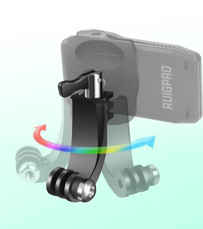 GoPro backpack clip with 360-degree rotation for mounting action cameras on backpack straps