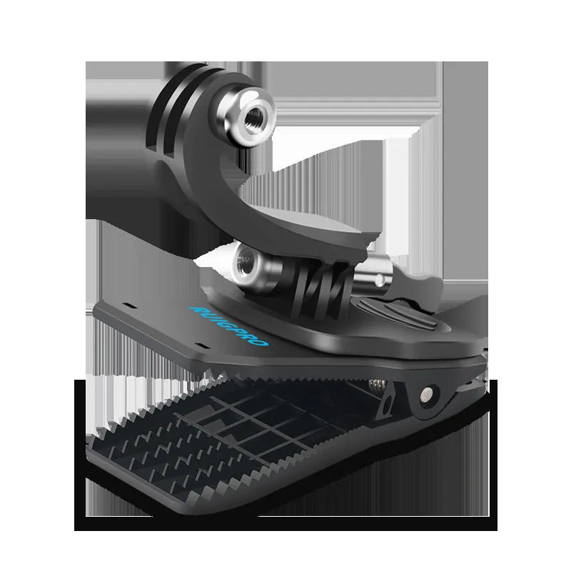 GoPro backpack clip with 360-degree rotation for mounting action cameras on backpack straps