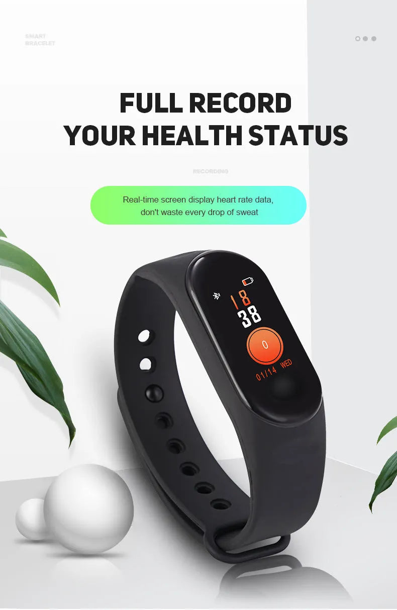 M3 smart bracelet with colour screen on a black TPE wristband