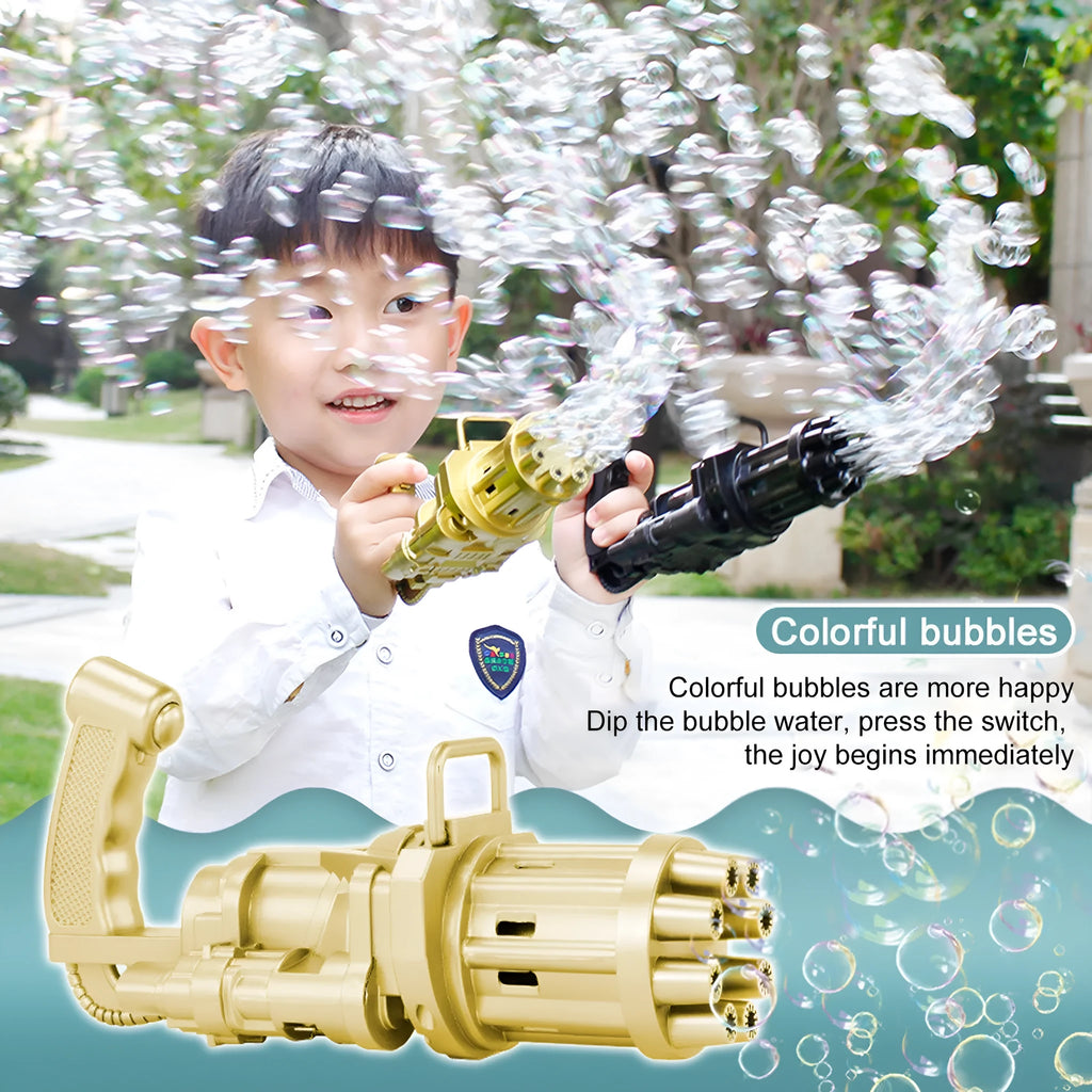 Children's bubble machine gun toy in pink, gold, or black colours with battery compartment and bubble solution.