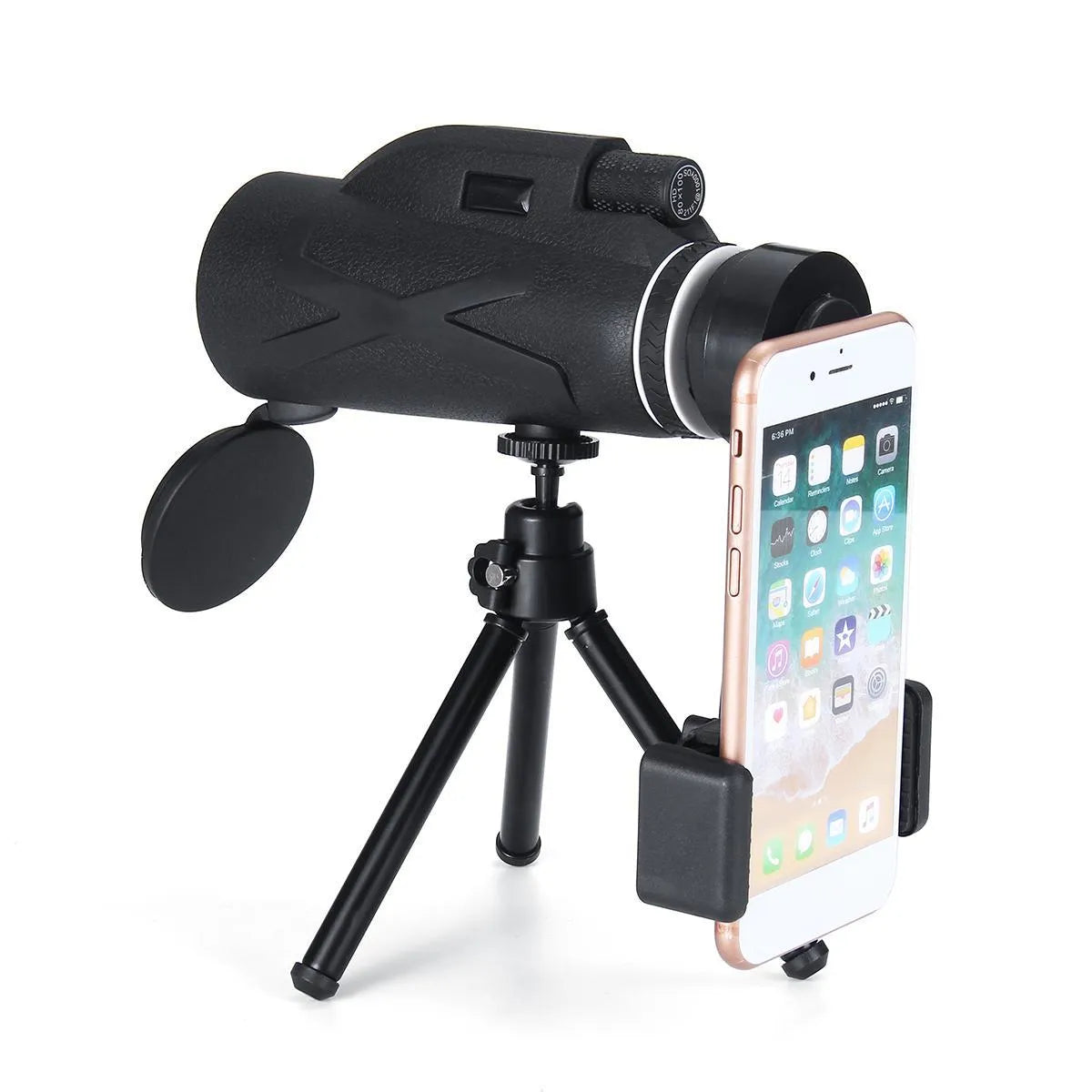 Black 80x magnification spotting telescope monocular with tripod and phone clip on outdoor surface