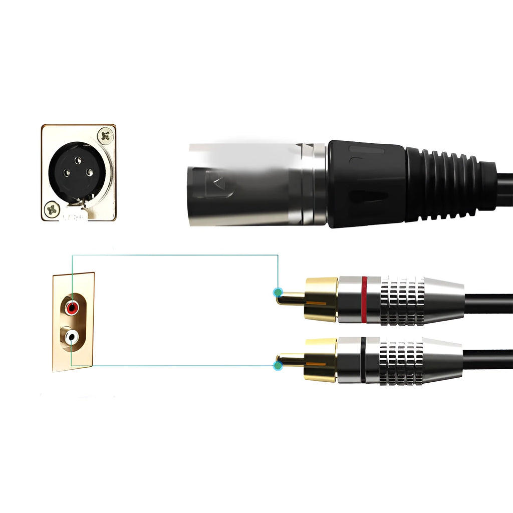 XLR to dual RCA audio cable with bare copper 3-core construction and PVC sheath for speaker and amplifier connection