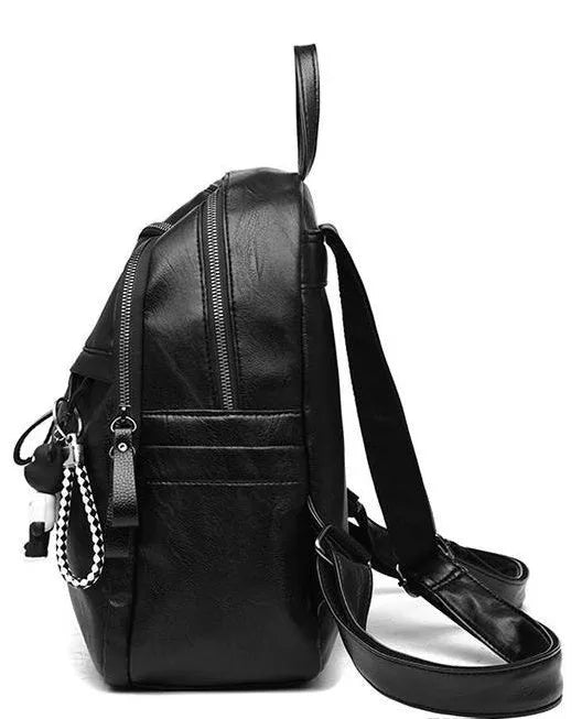 Black soft PU leather backpack with double straps showing 24cm size and plain pattern