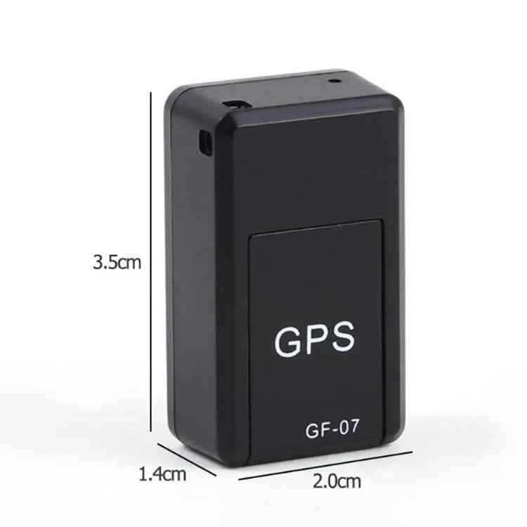 Black mini magnetic GPS tracker device showing dimensions and USB charging port