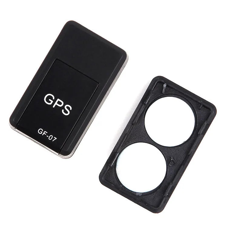 Black mini magnetic GPS tracker device showing dimensions and USB charging port