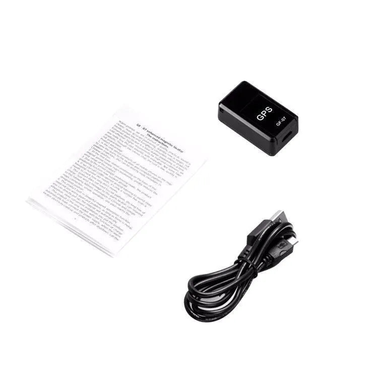 Black mini magnetic GPS tracker device showing dimensions and USB charging port