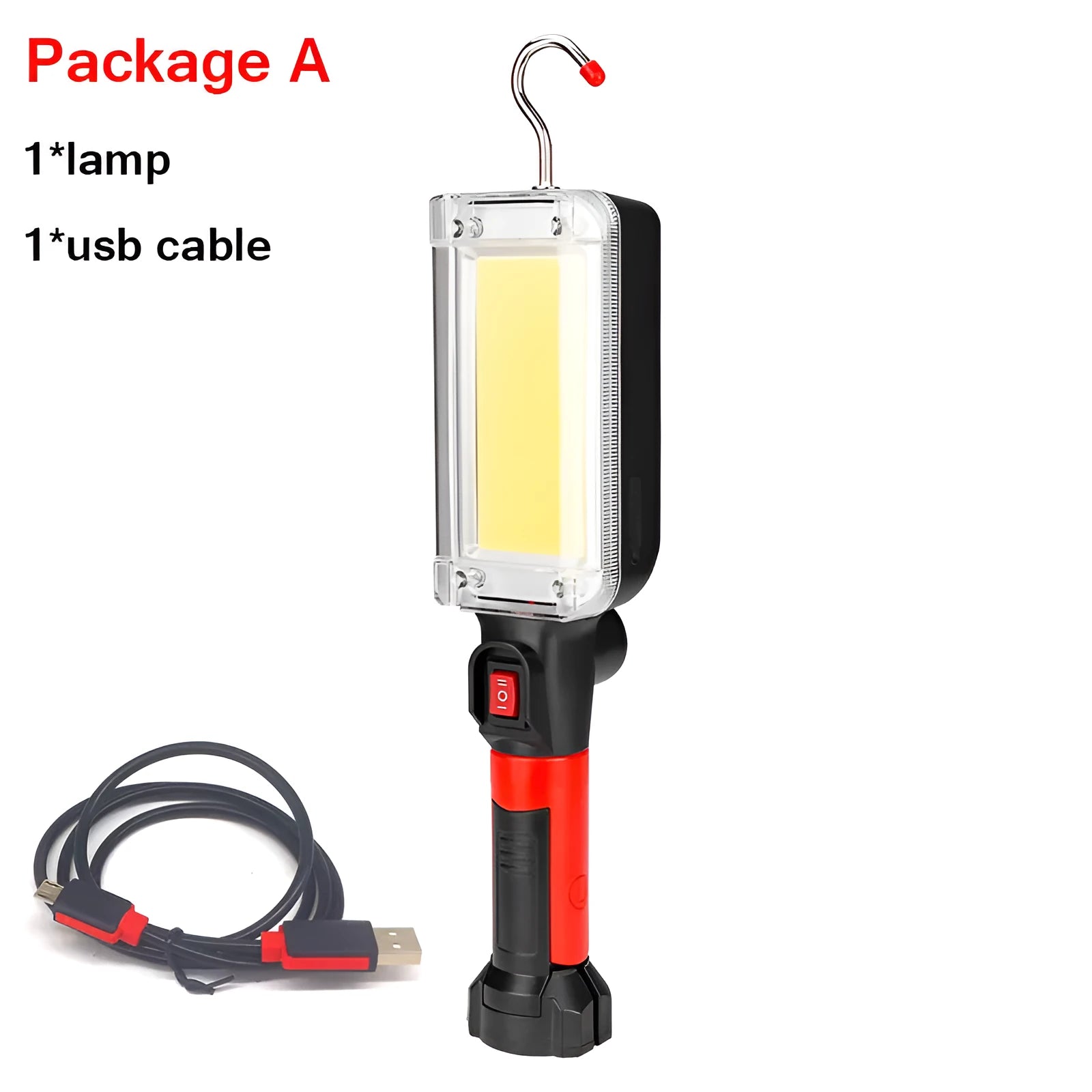 Red portable work lamp flashlight with magnetic hook and COB LED display