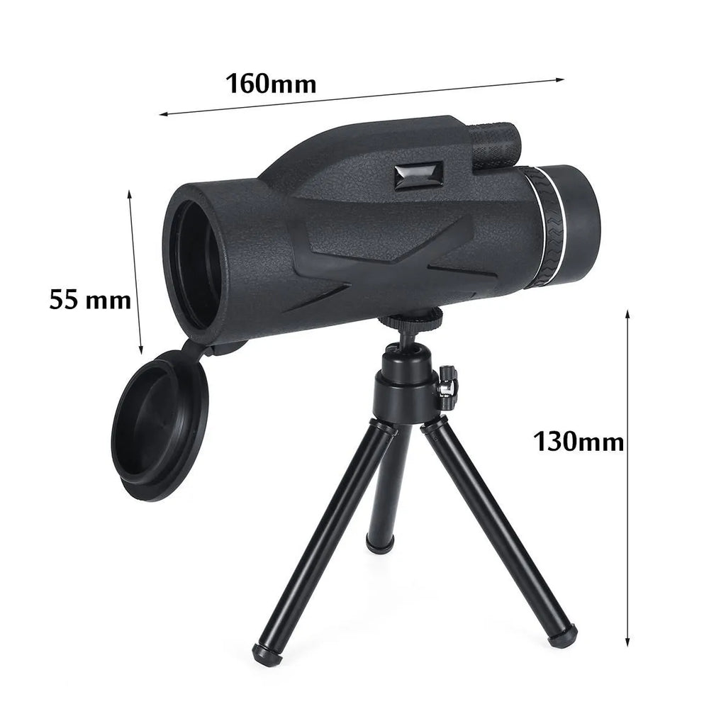 Black 80x magnification spotting telescope monocular with tripod and phone clip on outdoor surface