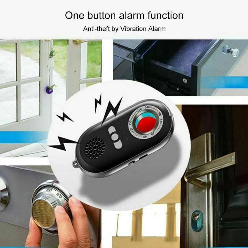 Compact white wireless signal detector for travel security with vibration alarm