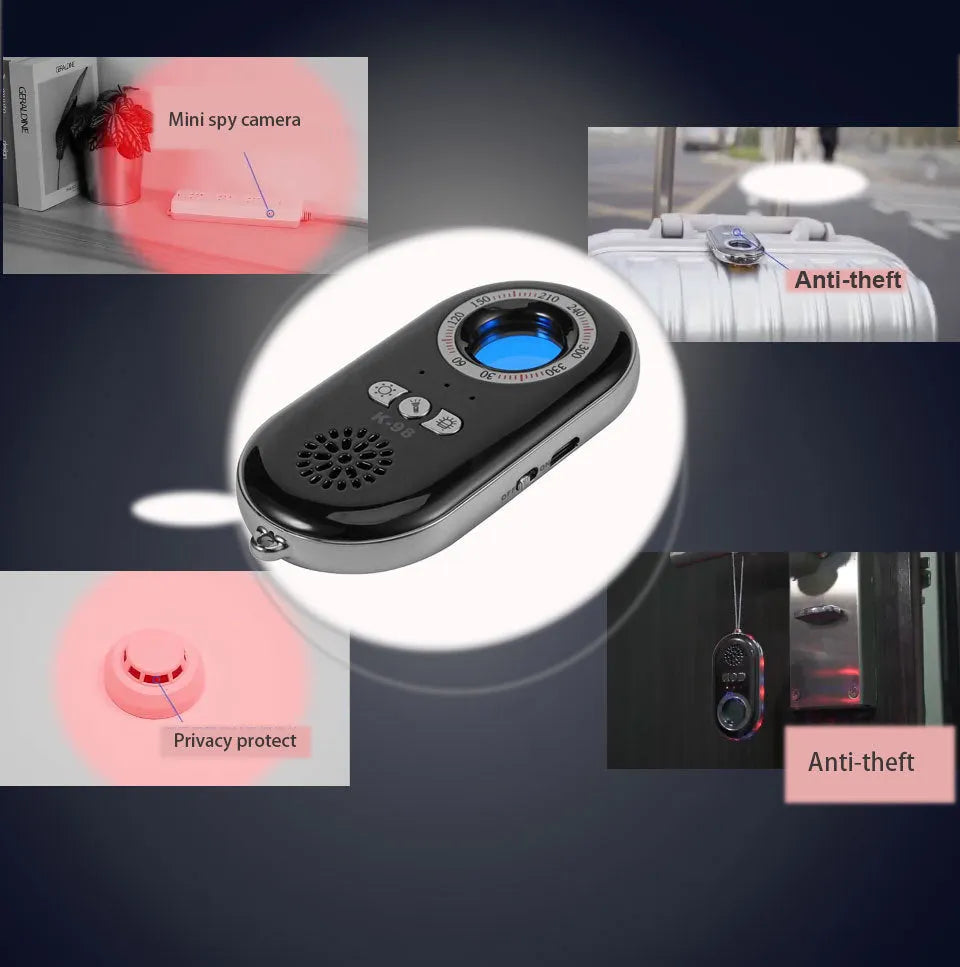 Compact white wireless signal detector for travel security with vibration alarm