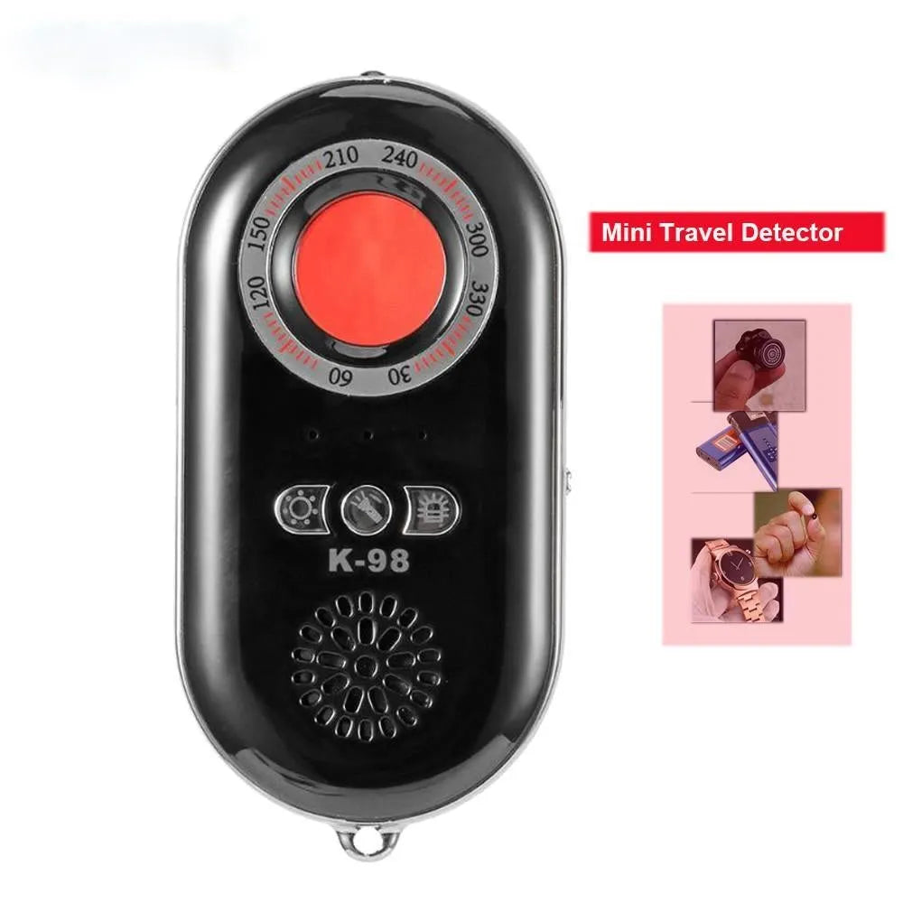 Compact white wireless signal detector for travel security with vibration alarm