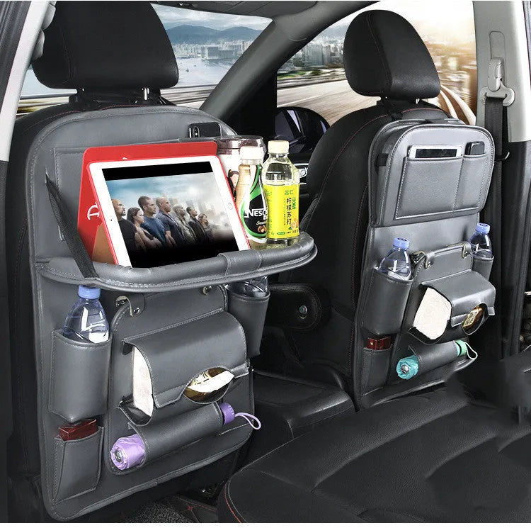 Black PU leather car seat back organiser with multiple pockets and a built-in trash can function.