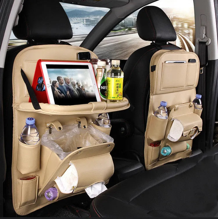 Black PU leather car seat back organiser with multiple pockets and a built-in trash can function.