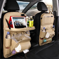 Black PU leather car seat back organiser with multiple pockets and a built-in trash can function.