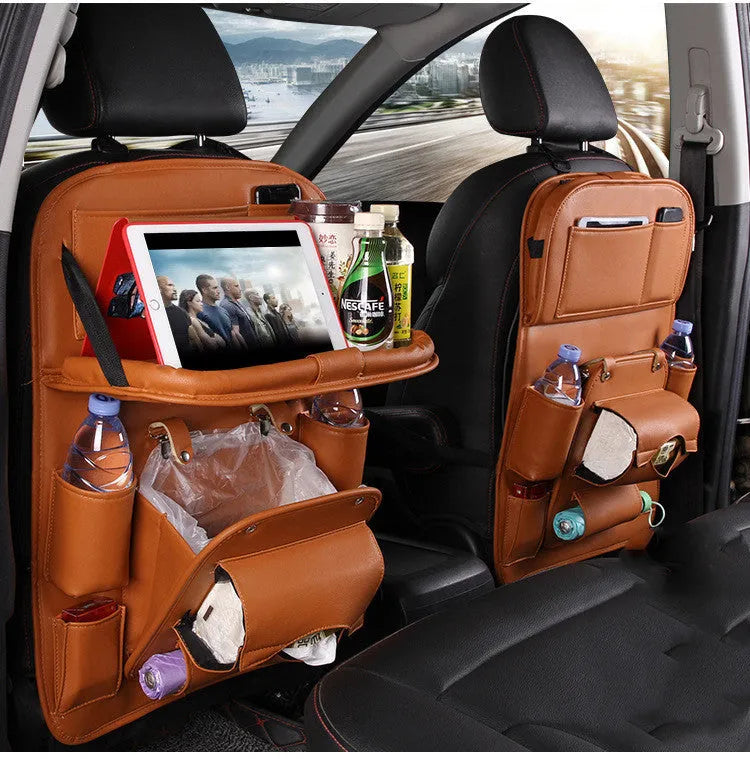 Black PU leather car seat back organiser with multiple pockets and a built-in trash can function.