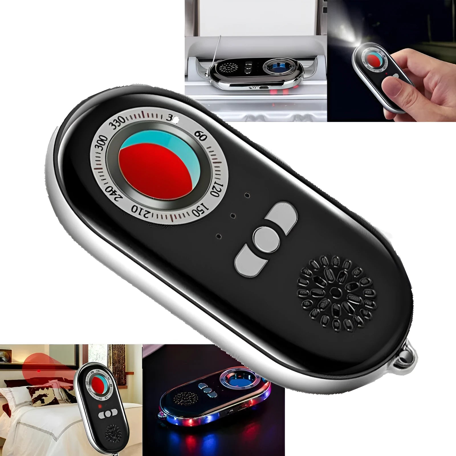 Compact white wireless signal detector for travel security with vibration alarm