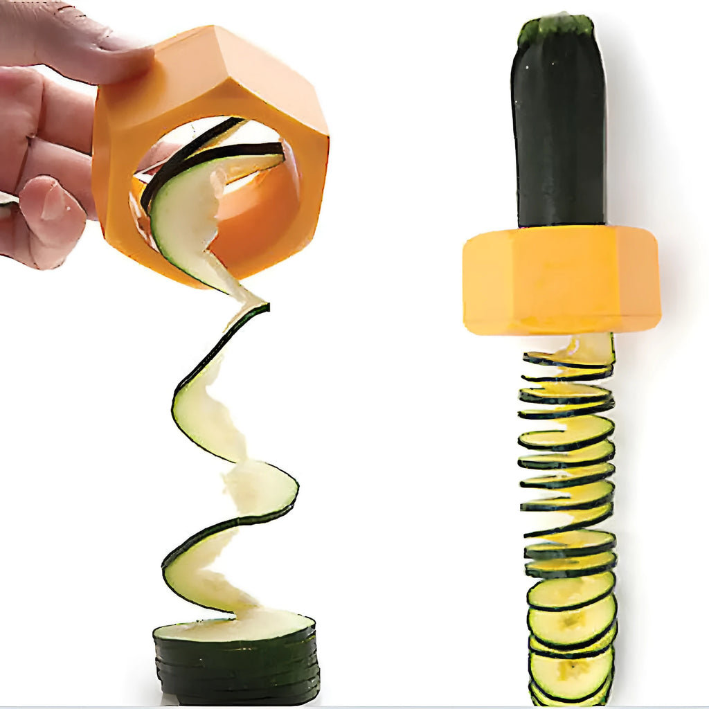 Yellow and green plastic spiral vegetable cutter for kitchen use with 8cm diameter measurements