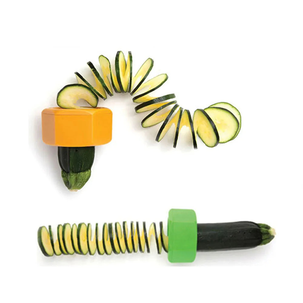 Yellow and green plastic spiral vegetable cutter for kitchen use with 8cm diameter measurements