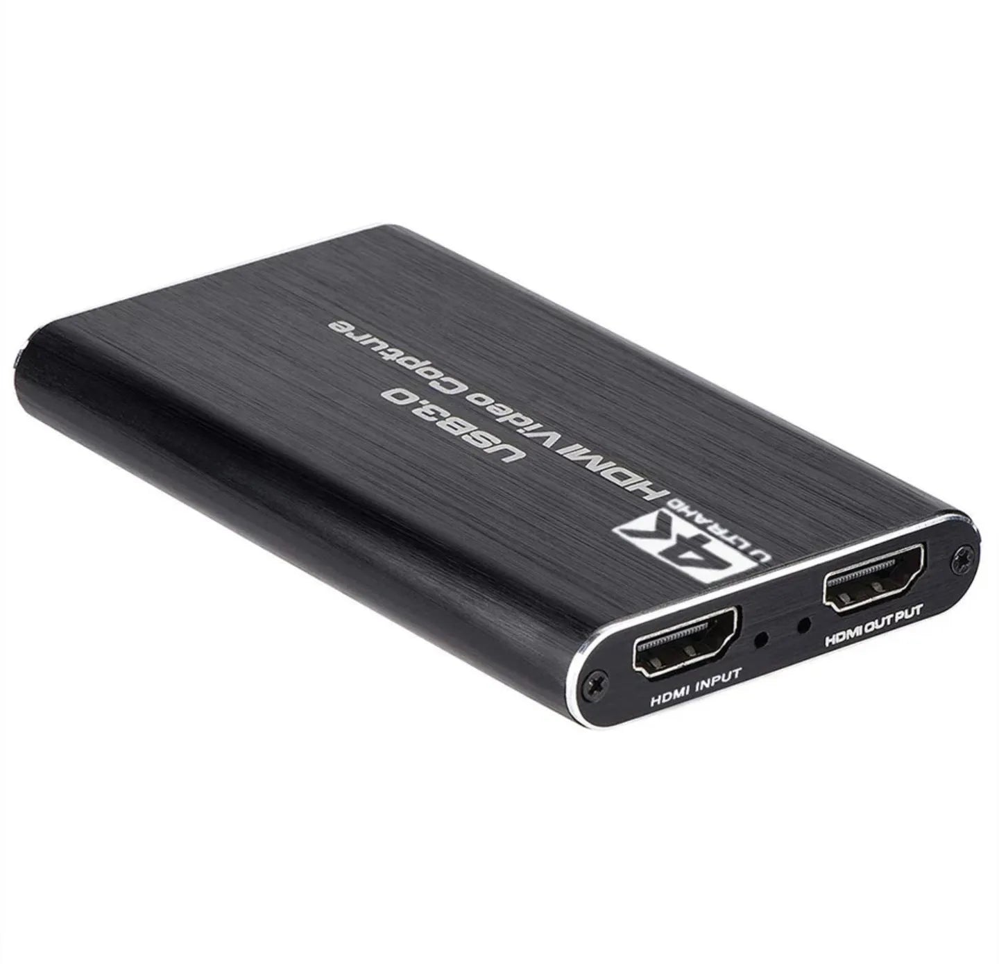 Black USB 3.0 HDMI video capture card with 1080P 60fps recording capability and 4K input support