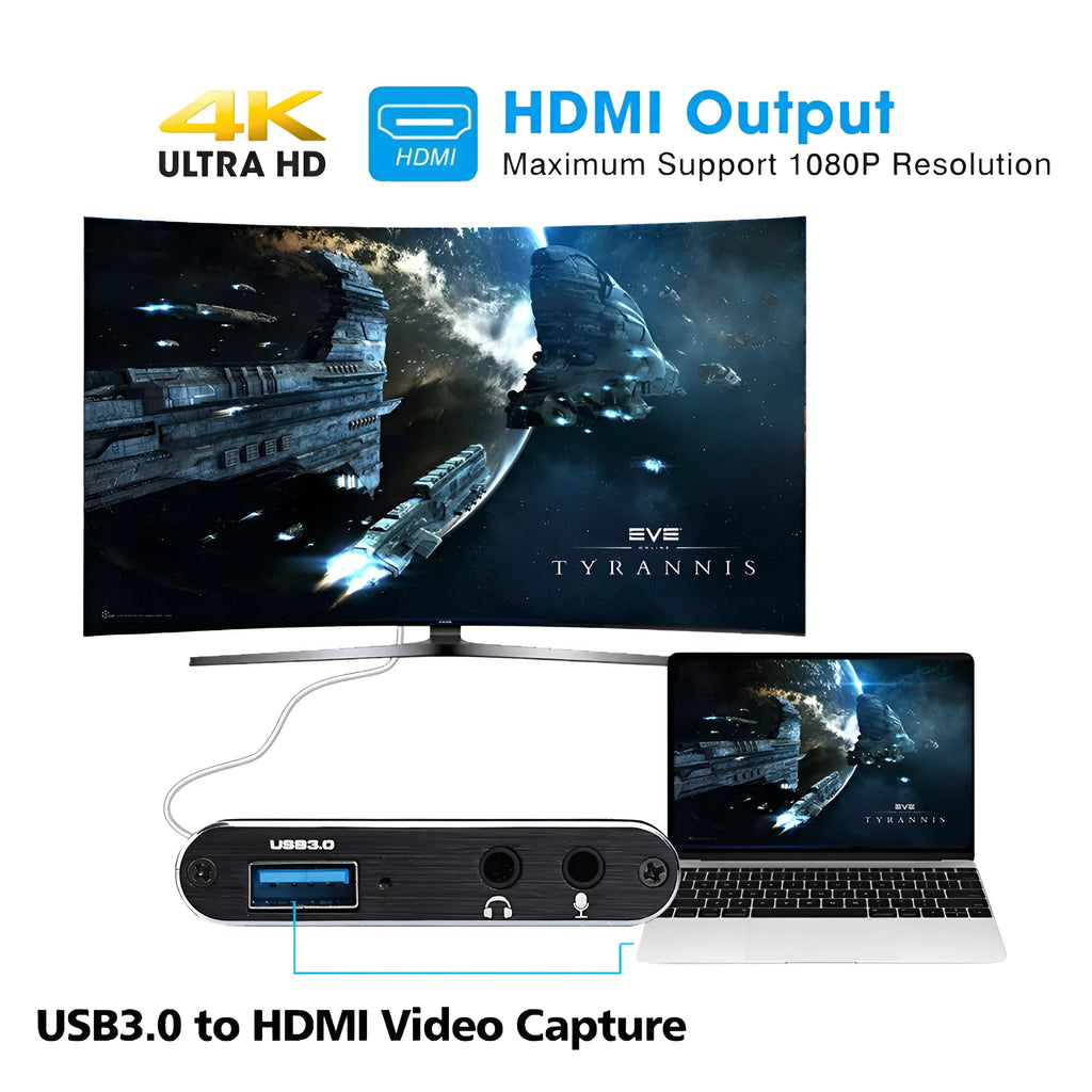 Black USB 3.0 HDMI video capture card with 1080P 60fps recording capability and 4K input support