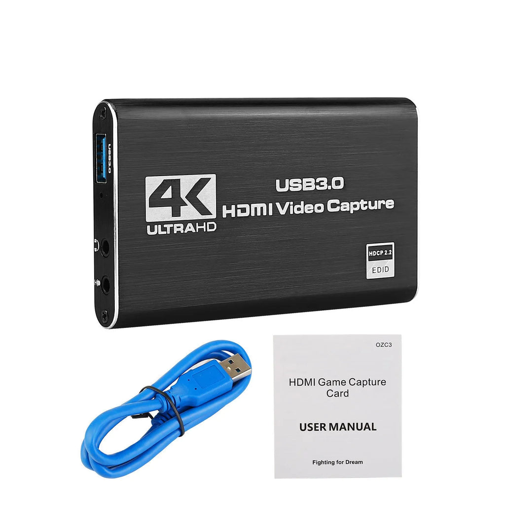 Black USB 3.0 HDMI video capture card with 1080P 60fps recording capability and 4K input support