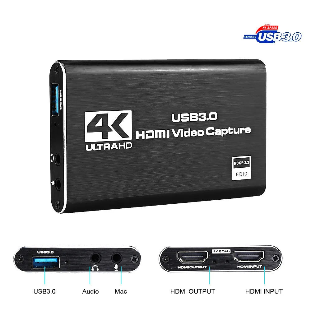 Black USB 3.0 HDMI video capture card with 1080P 60fps recording capability and 4K input support