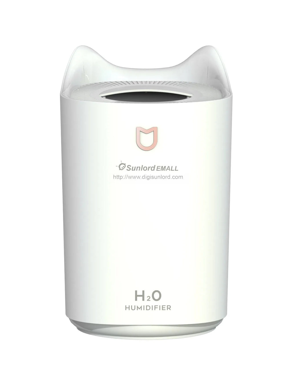 Coral pink USB humidifier with three mist outlets and visible water tank on a bedside table
