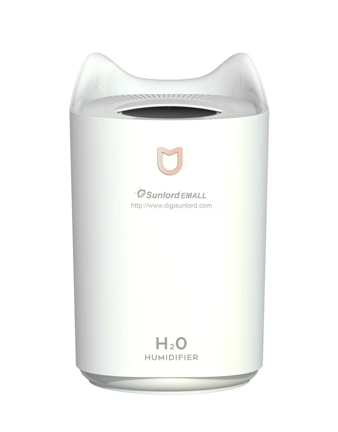 Coral pink USB humidifier with three mist outlets and visible water tank on a bedside table