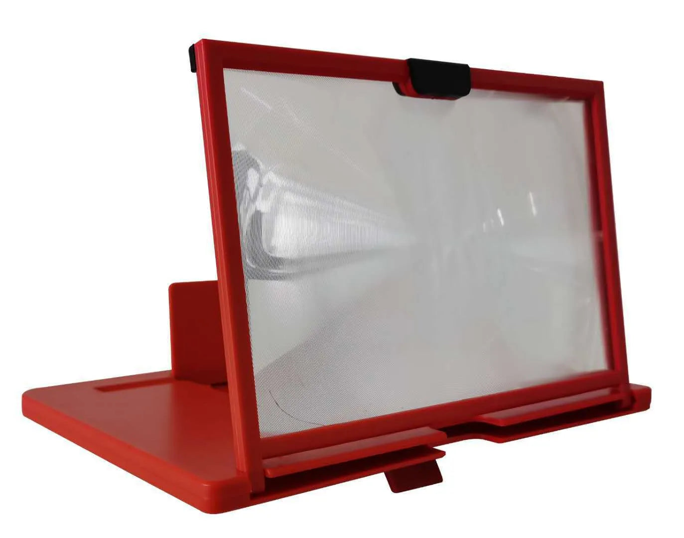 Black desktop mobile phone holder with a large 3D HD magnifying lens and anti-blue light feature.