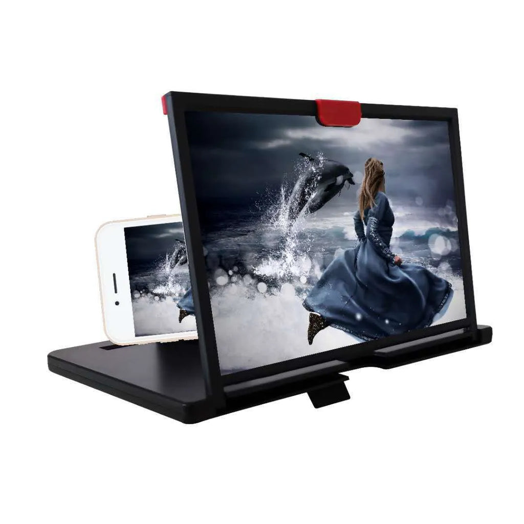 Black desktop mobile phone holder with a large 3D HD magnifying lens and anti-blue light feature.