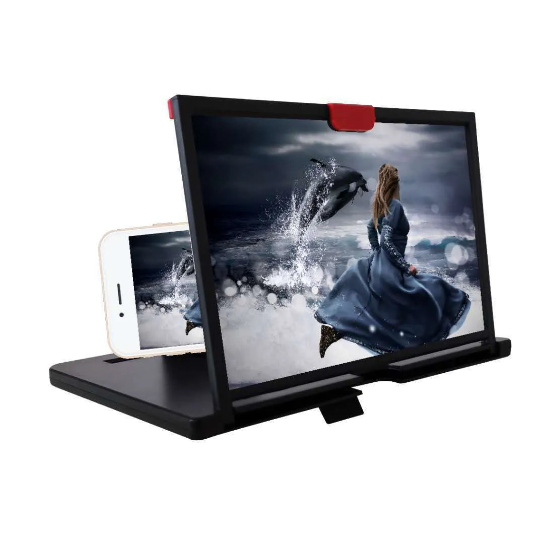 Black desktop mobile phone holder with a large 3D HD magnifying lens and anti-blue light feature.