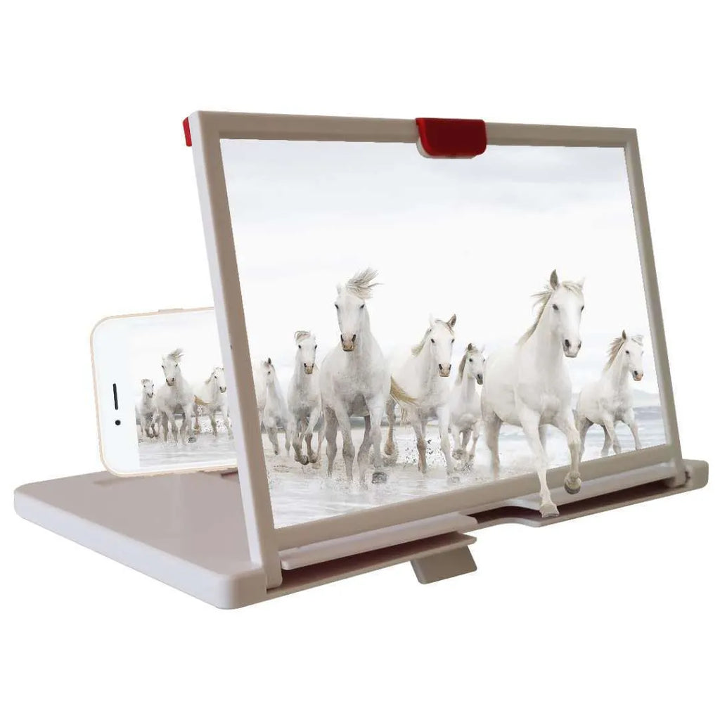 Black desktop mobile phone holder with a large 3D HD magnifying lens and anti-blue light feature.