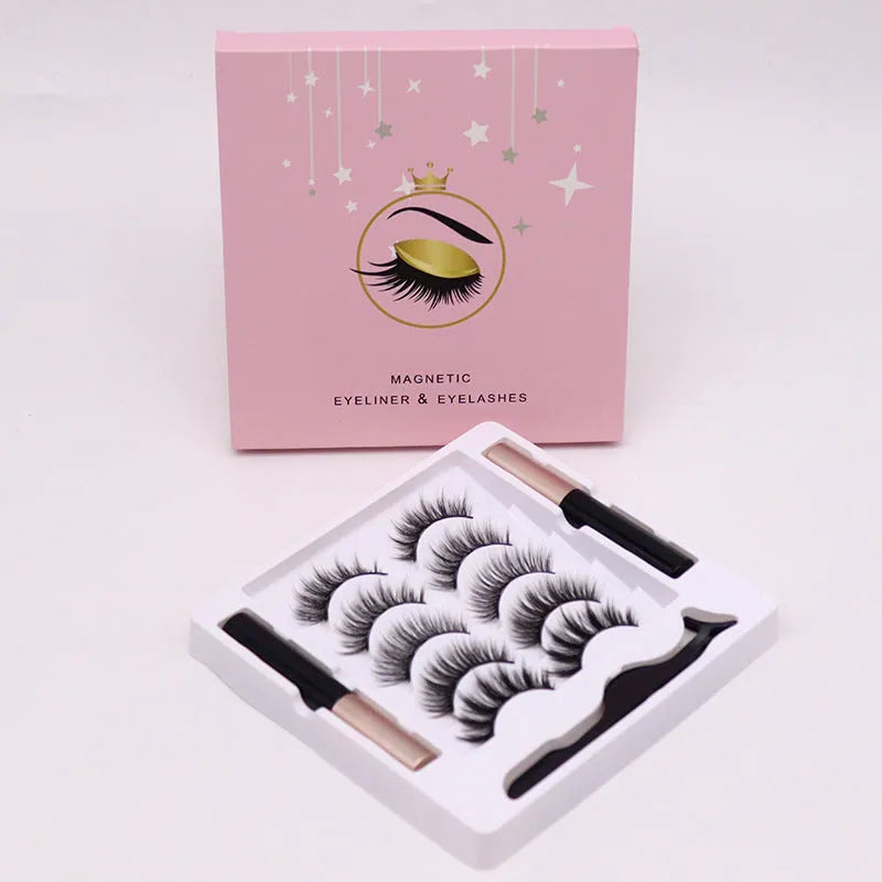 Magnetic false eyelash and eyeliner set with five pairs of reusable mink lashes in a box.