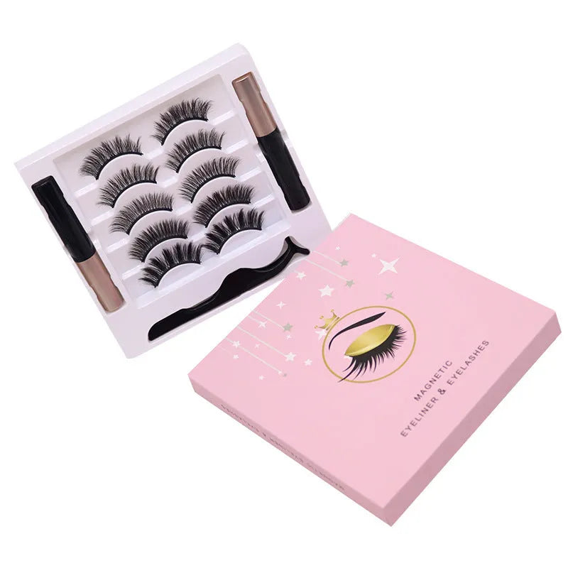 Magnetic false eyelash and eyeliner set with five pairs of reusable mink lashes in a box.