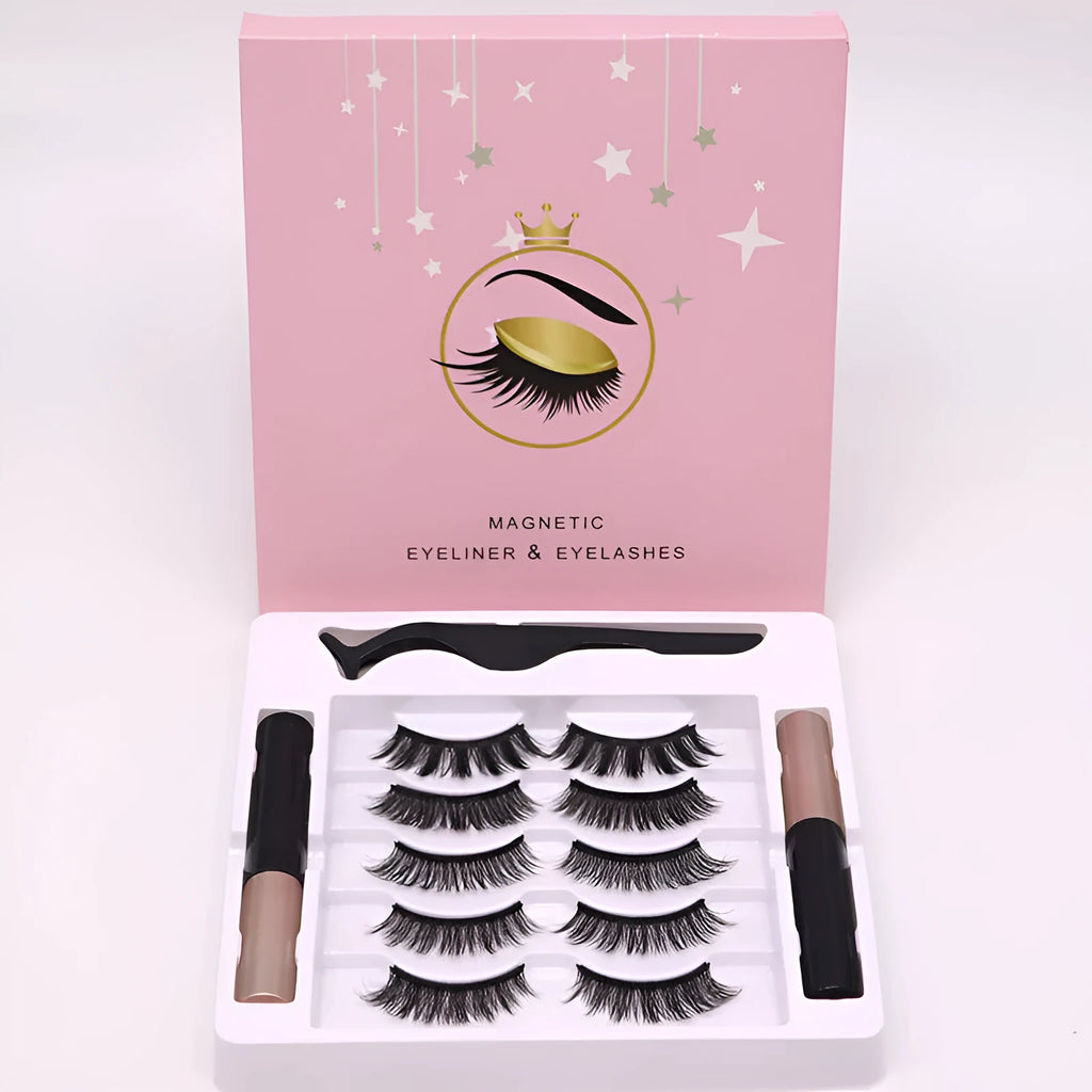 Magnetic false eyelash and eyeliner set with five pairs of reusable mink lashes in a box.