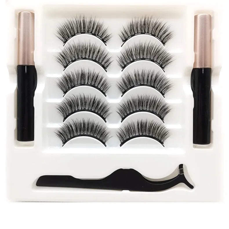 Magnetic false eyelash and eyeliner set with five pairs of reusable mink lashes in a box.