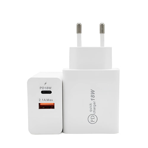 18W USB-C fast wall charger in black or white with choice of US or EU plug