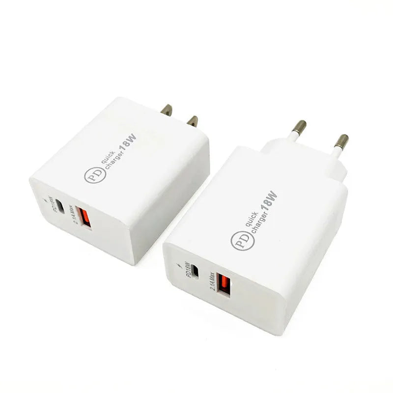18W USB-C fast wall charger in black or white with choice of US or EU plug