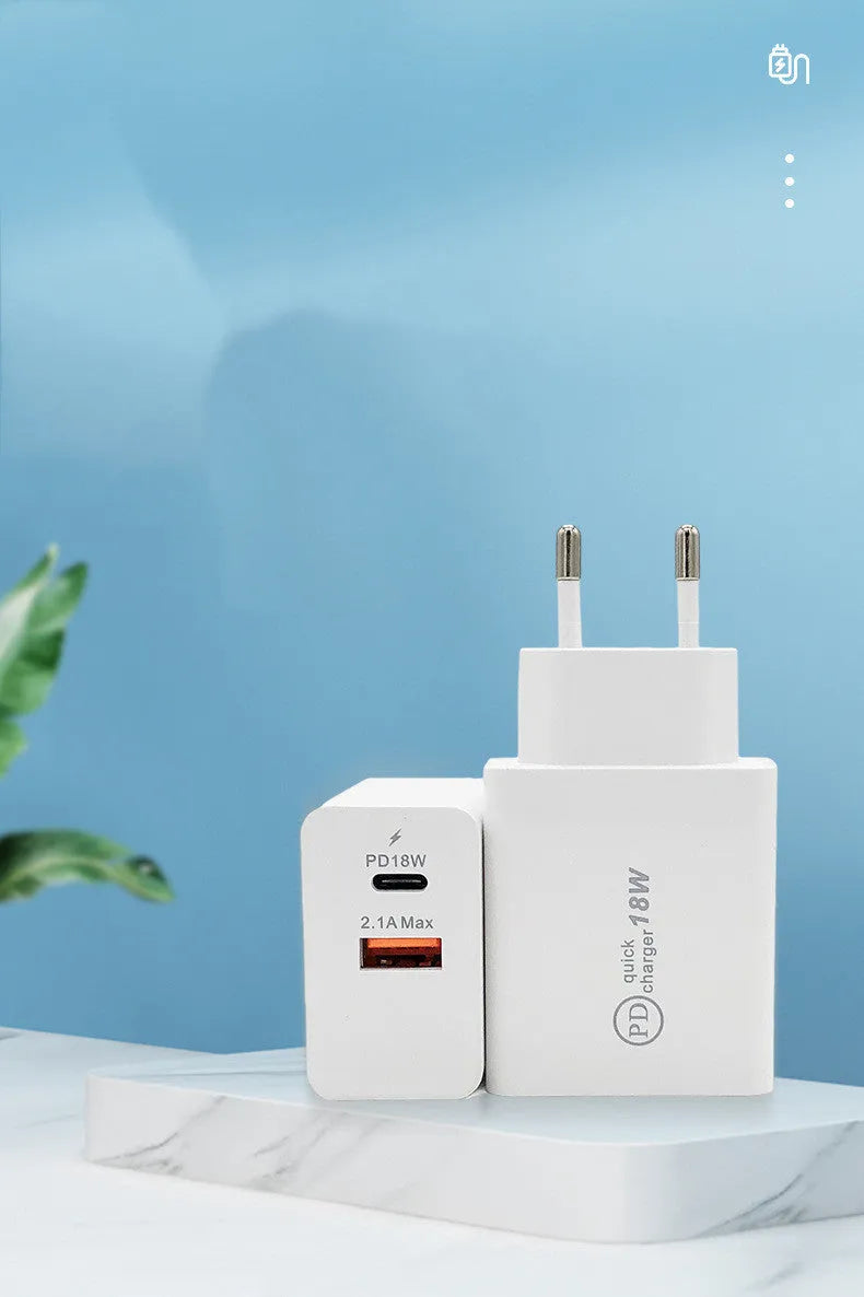 18W USB-C fast wall charger in black or white with choice of US or EU plug