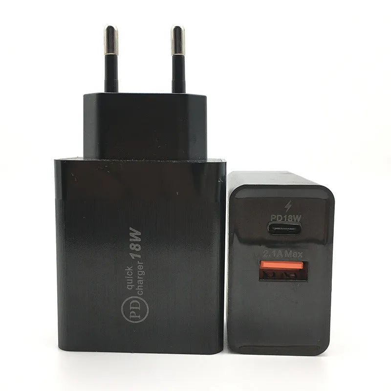 18W USB-C fast wall charger in black or white with choice of US or EU plug