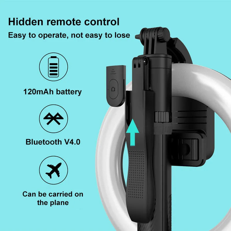 8-inch cool black LED ring light on 1.6m tripod for iPhone live streaming support