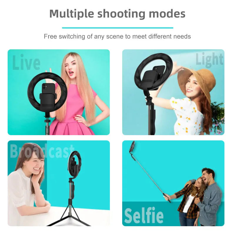 8-inch cool black LED ring light on 1.6m tripod for iPhone live streaming support