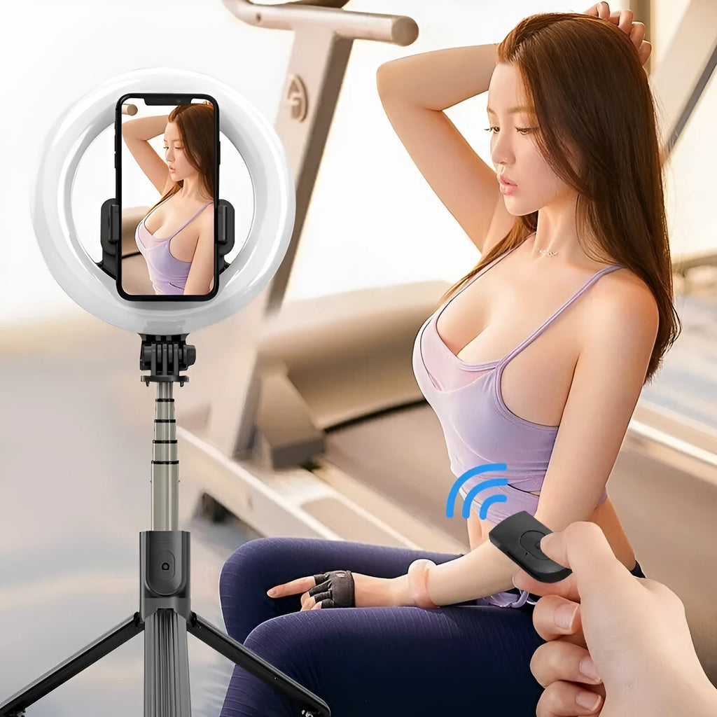 8-inch cool black LED ring light on 1.6m tripod for iPhone live streaming support