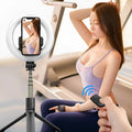 8-inch cool black LED ring light on 1.6m tripod for iPhone live streaming support
