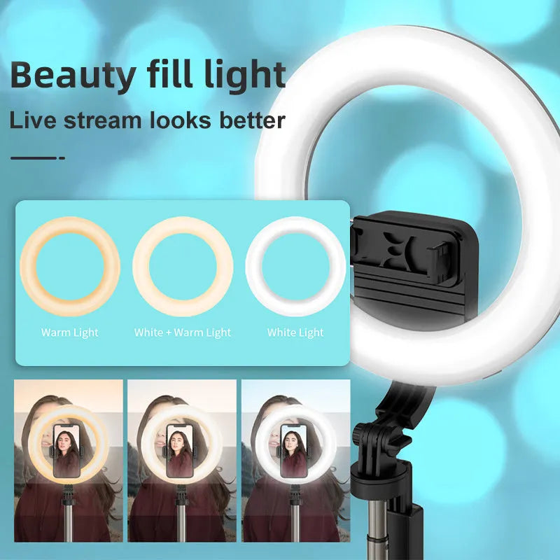 8-inch cool black LED ring light on 1.6m tripod for iPhone live streaming support