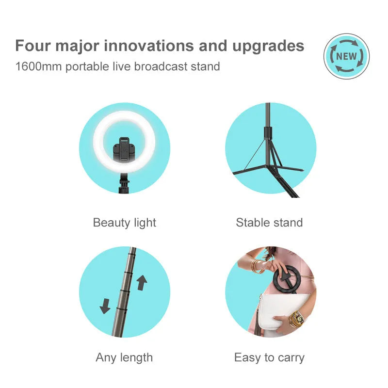 8-inch cool black LED ring light on 1.6m tripod for iPhone live streaming support